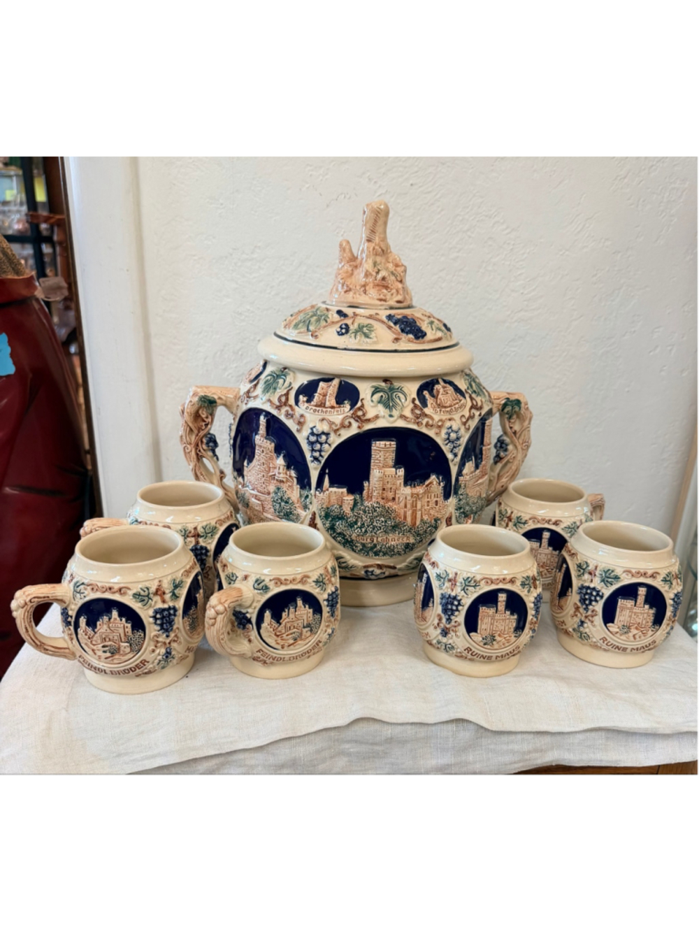 Vintage Gerz German Castle Punch Bowl Set 6 Mugs Gluhwein Stoneware Germany